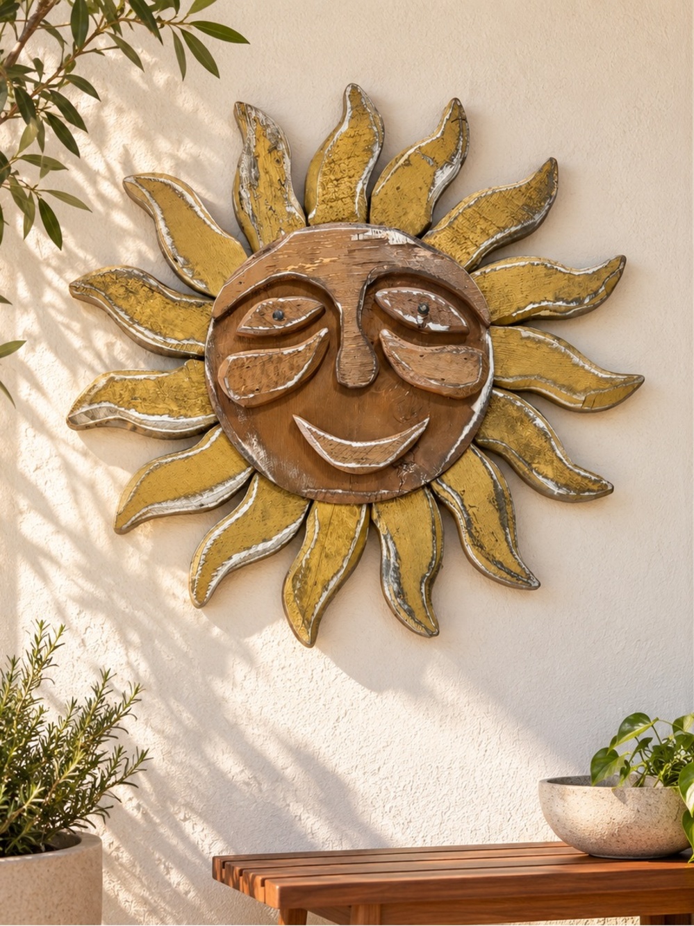 Handcrafted Sun Face Wall Hanging Rustic Yellow Brown celestial wood Art 23” LG